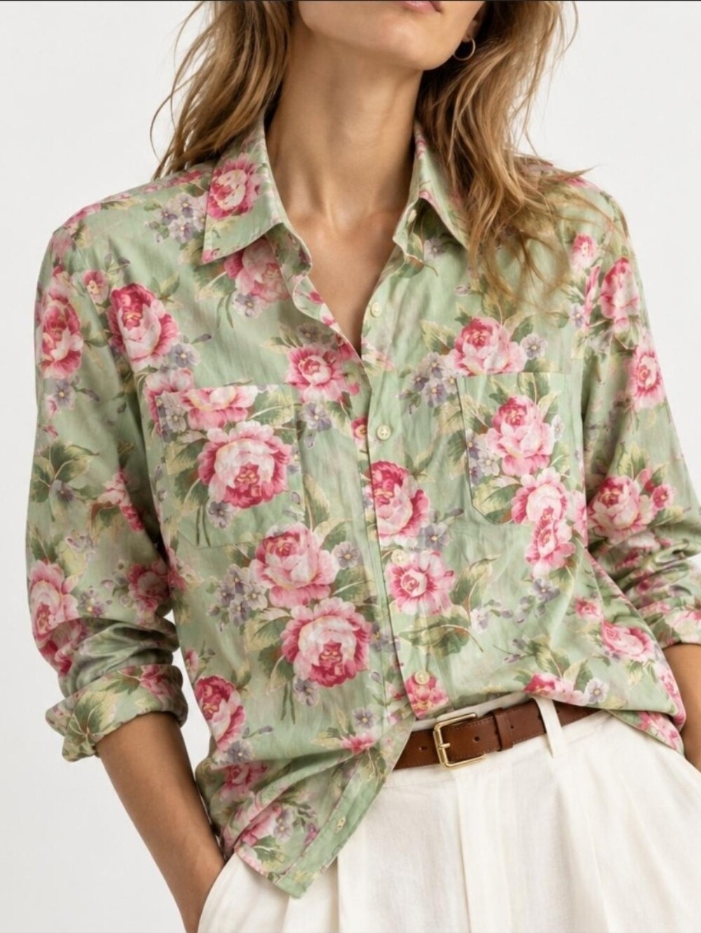 Lauren Ralph Lauren Green Floral Button-Down Shirt with Pink Roses